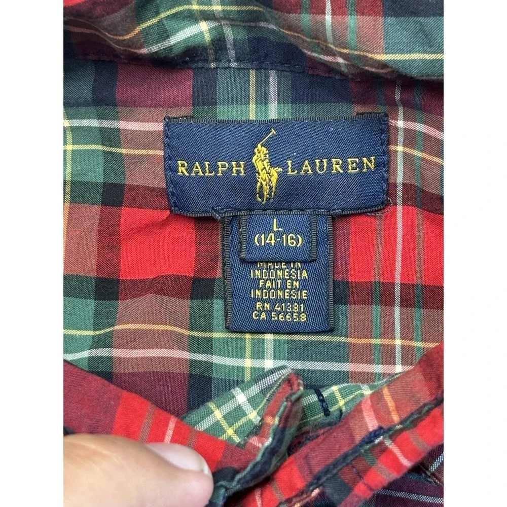 Ralph Lauren Plaid Button Down Shirt Youth L 14-16‎ Blue Green Red Pony Logo